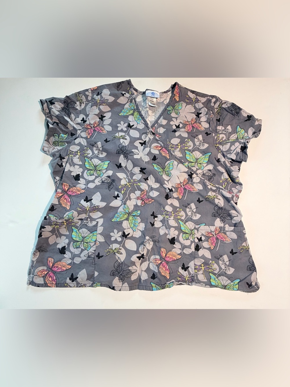 SB Scrubs Gray Butterfly Print Top with Teal & Pink Accents